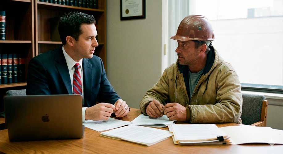 Advogado trabalhista em reuni&atilde;o com trabalhador sobre a escala 12x36