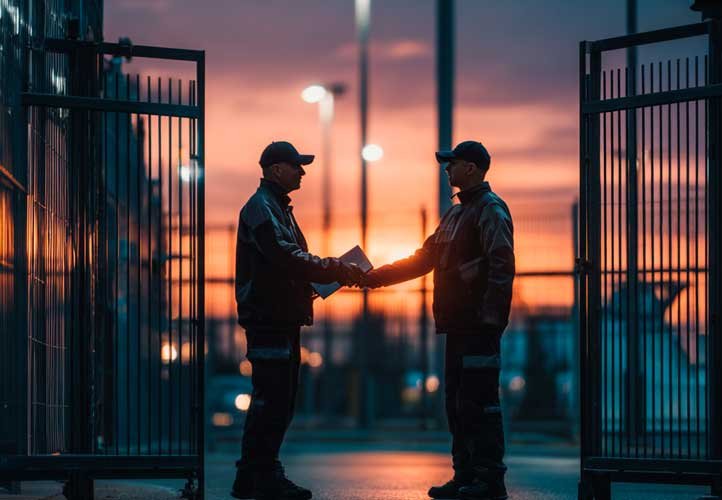 Foto de dois vigilantes durante uma passagem de posto ou rendi&ccedil;&atilde;o, simbolizando tempo extra n&atilde;o remunerado na escala 12x36.